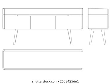 Hand drawn silhouette of mid century dresser. Modern furniture outline drawing. Line art cupboard for trendy interior design. Sketch commode on legs. Vector illustration