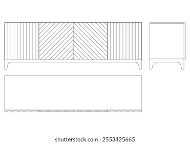 Hand drawn silhouette of mid century dresser. Modern furniture outline drawing. Line art cupboard for trendy interior design. Sketch commode on legs. Vector illustration