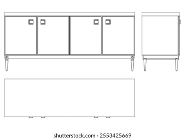 Hand drawn silhouette of mid century dresser. Modern furniture outline drawing. Line art cupboard for trendy interior design. Sketch commode on legs. Vector illustration