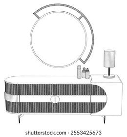 Hand drawn silhouette of mid century dresser. Modern furniture outline drawing. Line art cupboard for trendy interior design. Sketch commode on legs. Vector illustration