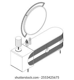 Hand drawn silhouette of mid century dresser. Modern furniture outline drawing. Line art cupboard for trendy interior design. Sketch commode on legs. Vector illustration