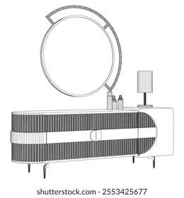 Hand drawn silhouette of mid century dresser. Modern furniture outline drawing. Line art cupboard for trendy interior design. Sketch commode on legs. Vector illustration