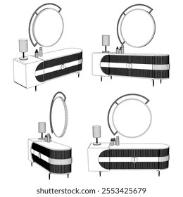 Hand drawn silhouette of mid century dresser. Modern furniture outline drawing. Line art cupboard for trendy interior design. Sketch commode on legs. Vector illustration