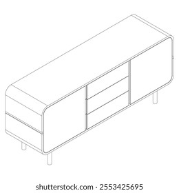 Hand drawn silhouette of mid century dresser. Modern furniture outline drawing. Line art cupboard for trendy interior design. Sketch commode on legs. Vector illustration