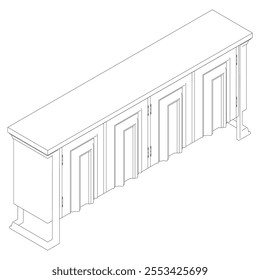 Hand drawn silhouette of mid century dresser. Modern furniture outline drawing. Line art cupboard for trendy interior design. Sketch commode on legs. Vector illustration