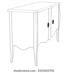 Hand drawn silhouette of mid century dresser. Modern furniture outline drawing. Line art cupboard for trendy interior design. Sketch commode on legs. Vector illustration