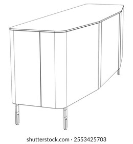 Hand drawn silhouette of mid century dresser. Modern furniture outline drawing. Line art cupboard for trendy interior design. Sketch commode on legs. Vector illustration