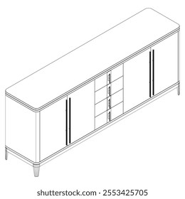 Hand drawn silhouette of mid century dresser. Modern furniture outline drawing. Line art cupboard for trendy interior design. Sketch commode on legs. Vector illustration