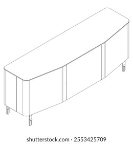 Hand drawn silhouette of mid century dresser. Modern furniture outline drawing. Line art cupboard for trendy interior design. Sketch commode on legs. Vector illustration