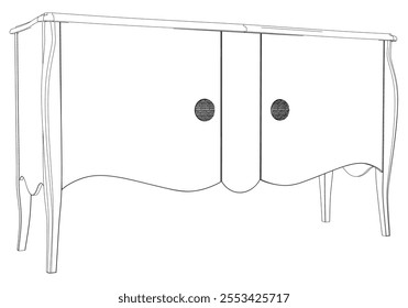 Hand drawn silhouette of mid century dresser. Modern furniture outline drawing. Line art cupboard for trendy interior design. Sketch commode on legs. Vector illustration