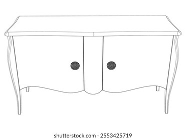 Hand drawn silhouette of mid century dresser. Modern furniture outline drawing. Line art cupboard for trendy interior design. Sketch commode on legs. Vector illustration