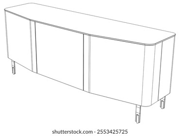 Hand drawn silhouette of mid century dresser. Modern furniture outline drawing. Line art cupboard for trendy interior design. Sketch commode on legs. Vector illustration