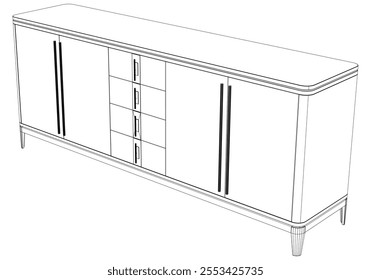 Hand drawn silhouette of mid century dresser. Modern furniture outline drawing. Line art cupboard for trendy interior design. Sketch commode on legs. Vector illustration