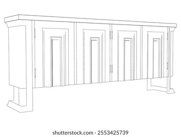 Hand drawn silhouette of mid century dresser. Modern furniture outline drawing. Line art cupboard for trendy interior design. Sketch commode on legs. Vector illustration