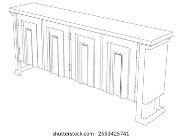 Hand drawn silhouette of mid century dresser. Modern furniture outline drawing. Line art cupboard for trendy interior design. Sketch commode on legs. Vector illustration