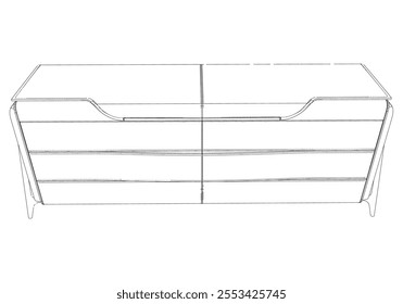 Hand drawn silhouette of mid century dresser. Modern furniture outline drawing. Line art cupboard for trendy interior design. Sketch commode on legs. Vector illustration