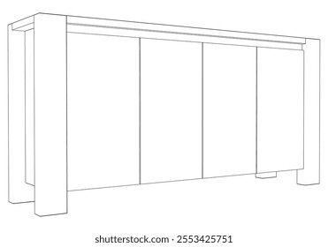 Hand drawn silhouette of mid century dresser. Modern furniture outline drawing. Line art cupboard for trendy interior design. Sketch commode on legs. Vector illustration