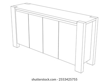 Hand drawn silhouette of mid century dresser. Modern furniture outline drawing. Line art cupboard for trendy interior design. Sketch commode on legs. Vector illustration