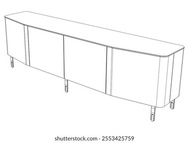 Hand drawn silhouette of mid century dresser. Modern furniture outline drawing. Line art cupboard for trendy interior design. Sketch commode on legs. Vector illustration