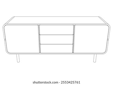 Hand drawn silhouette of mid century dresser. Modern furniture outline drawing. Line art cupboard for trendy interior design. Sketch commode on legs. Vector illustration