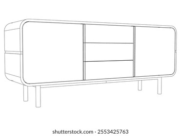 Hand drawn silhouette of mid century dresser. Modern furniture outline drawing. Line art cupboard for trendy interior design. Sketch commode on legs. Vector illustration