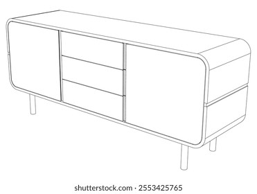 Hand drawn silhouette of mid century dresser. Modern furniture outline drawing. Line art cupboard for trendy interior design. Sketch commode on legs. Vector illustration