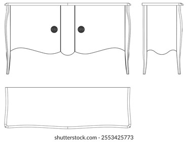 Hand drawn silhouette of mid century dresser. Modern furniture outline drawing. Line art cupboard for trendy interior design. Sketch commode on legs. Vector illustration