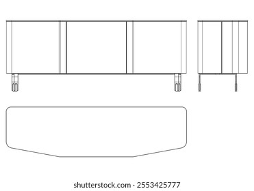 Hand drawn silhouette of mid century dresser. Modern furniture outline drawing. Line art cupboard for trendy interior design. Sketch commode on legs. Vector illustration