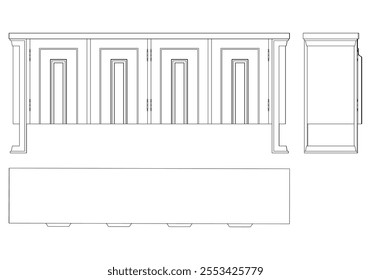 Hand drawn silhouette of mid century dresser. Modern furniture outline drawing. Line art cupboard for trendy interior design. Sketch commode on legs. Vector illustration