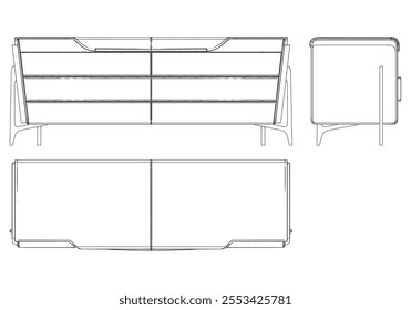 Hand drawn silhouette of mid century dresser. Modern furniture outline drawing. Line art cupboard for trendy interior design. Sketch commode on legs. Vector illustration