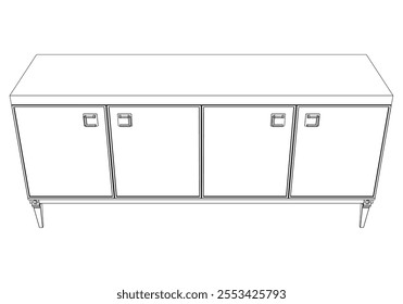 Hand drawn silhouette of mid century dresser. Modern furniture outline drawing. Line art cupboard for trendy interior design. Sketch commode on legs. Vector illustration