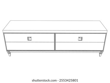 Hand drawn silhouette of mid century dresser. Modern furniture outline drawing. Line art cupboard for trendy interior design. Sketch commode on legs. Vector illustration