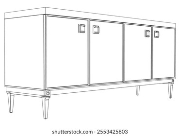 Hand drawn silhouette of mid century dresser. Modern furniture outline drawing. Line art cupboard for trendy interior design. Sketch commode on legs. Vector illustration