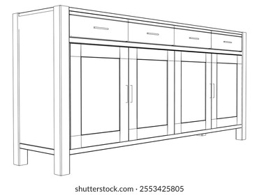 Hand drawn silhouette of mid century dresser. Modern furniture outline drawing. Line art cupboard for trendy interior design. Sketch commode on legs. Vector illustration