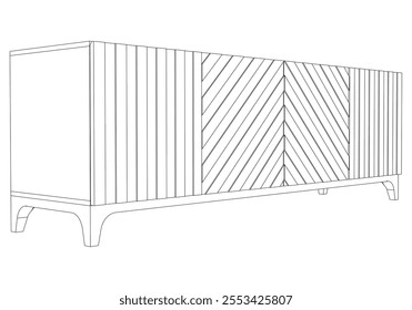 Hand drawn silhouette of mid century dresser. Modern furniture outline drawing. Line art cupboard for trendy interior design. Sketch commode on legs. Vector illustration