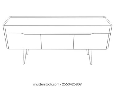 Hand drawn silhouette of mid century dresser. Modern furniture outline drawing. Line art cupboard for trendy interior design. Sketch commode on legs. Vector illustration