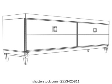 Hand drawn silhouette of mid century dresser. Modern furniture outline drawing. Line art cupboard for trendy interior design. Sketch commode on legs. Vector illustration