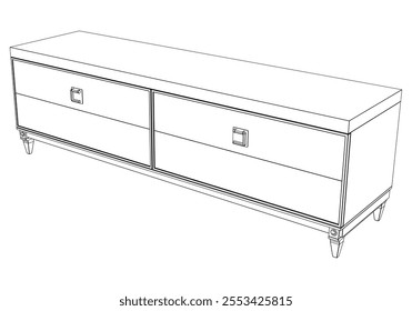 Hand drawn silhouette of mid century dresser. Modern furniture outline drawing. Line art cupboard for trendy interior design. Sketch commode on legs. Vector illustration