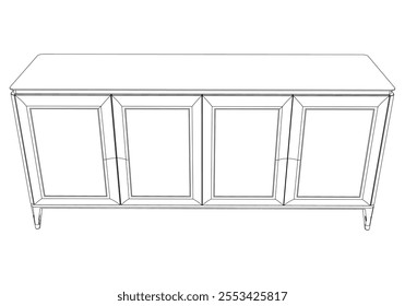 Hand drawn silhouette of mid century dresser. Modern furniture outline drawing. Line art cupboard for trendy interior design. Sketch commode on legs. Vector illustration