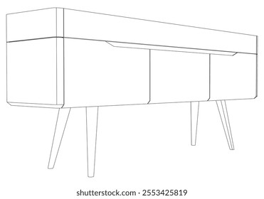 Hand drawn silhouette of mid century dresser. Modern furniture outline drawing. Line art cupboard for trendy interior design. Sketch commode on legs. Vector illustration