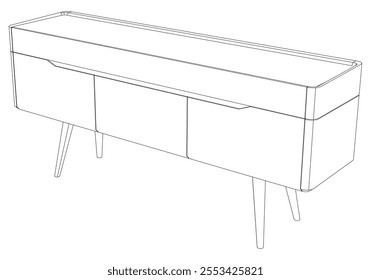 Hand drawn silhouette of mid century dresser. Modern furniture outline drawing. Line art cupboard for trendy interior design. Sketch commode on legs. Vector illustration