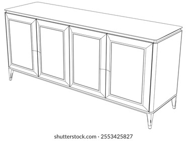 Hand drawn silhouette of mid century dresser. Modern furniture outline drawing. Line art cupboard for trendy interior design. Sketch commode on legs. Vector illustration