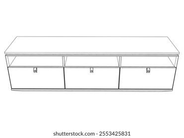 Hand drawn silhouette of mid century dresser. Modern furniture outline drawing. Line art cupboard for trendy interior design. Sketch commode on legs. Vector illustration