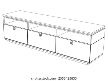 Hand drawn silhouette of mid century dresser. Modern furniture outline drawing. Line art cupboard for trendy interior design. Sketch commode on legs. Vector illustration