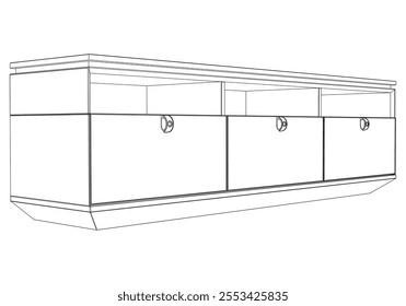 Hand drawn silhouette of mid century dresser. Modern furniture outline drawing. Line art cupboard for trendy interior design. Sketch commode on legs. Vector illustration