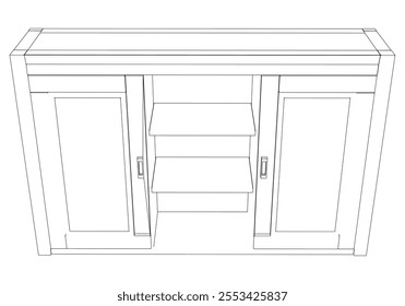 Hand drawn silhouette of mid century dresser. Modern furniture outline drawing. Line art cupboard for trendy interior design. Sketch commode on legs. Vector illustration