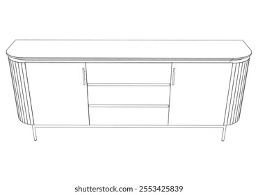 Hand drawn silhouette of mid century dresser. Modern furniture outline drawing. Line art cupboard for trendy interior design. Sketch commode on legs. Vector illustration