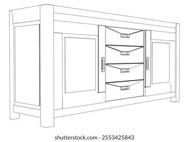 Hand drawn silhouette of mid century dresser. Modern furniture outline drawing. Line art cupboard for trendy interior design. Sketch commode on legs. Vector illustration