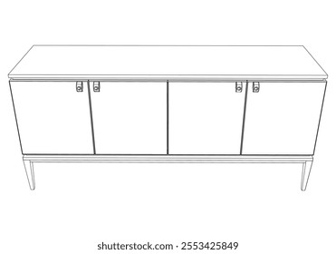 Hand drawn silhouette of mid century dresser. Modern furniture outline drawing. Line art cupboard for trendy interior design. Sketch commode on legs. Vector illustration