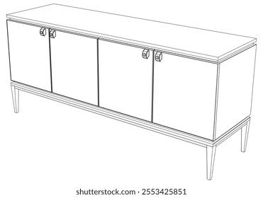 Hand drawn silhouette of mid century dresser. Modern furniture outline drawing. Line art cupboard for trendy interior design. Sketch commode on legs. Vector illustration